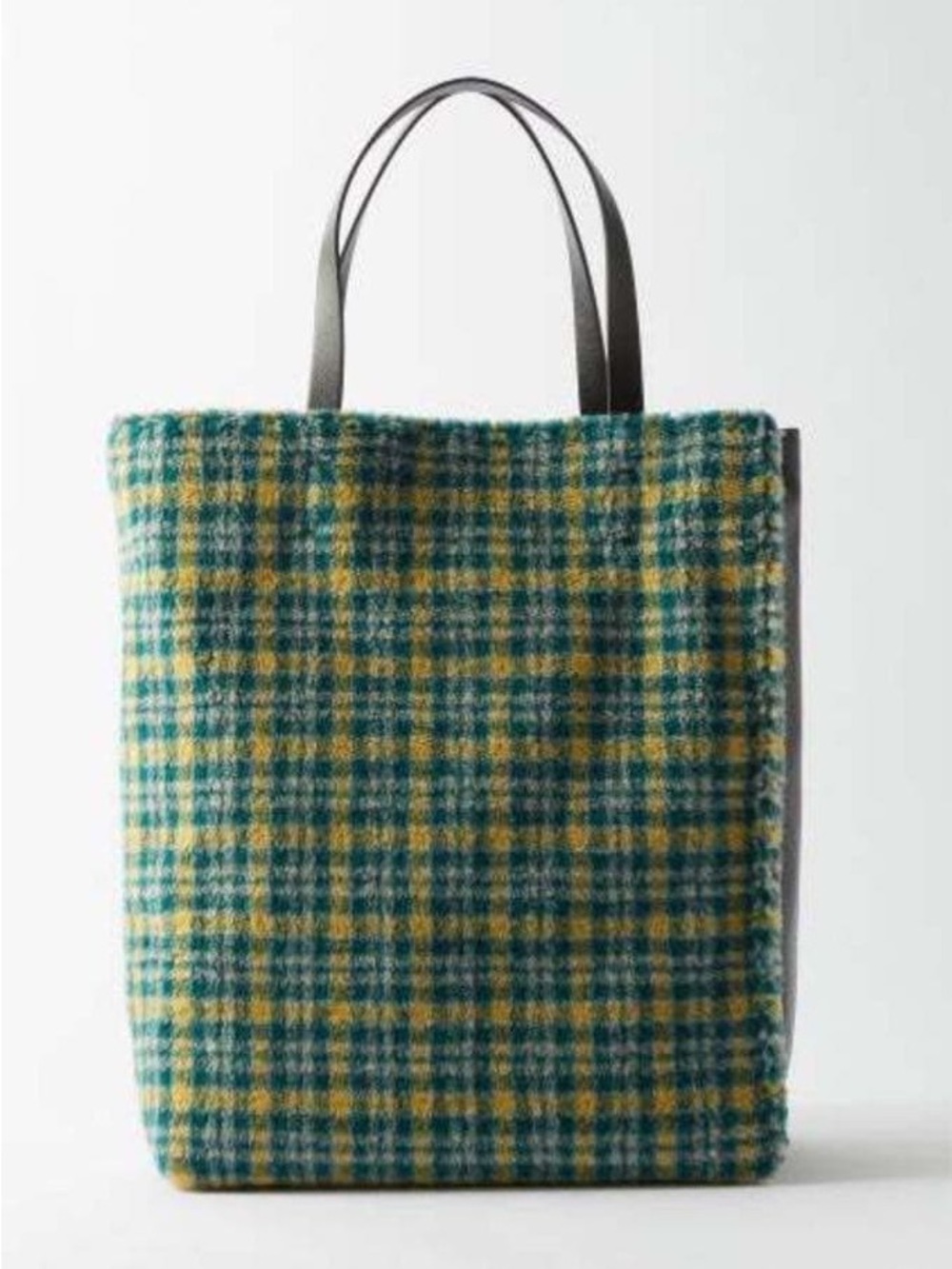 Marni Green/Yellow Plaid Faux Sherpa & Black Leather Tote